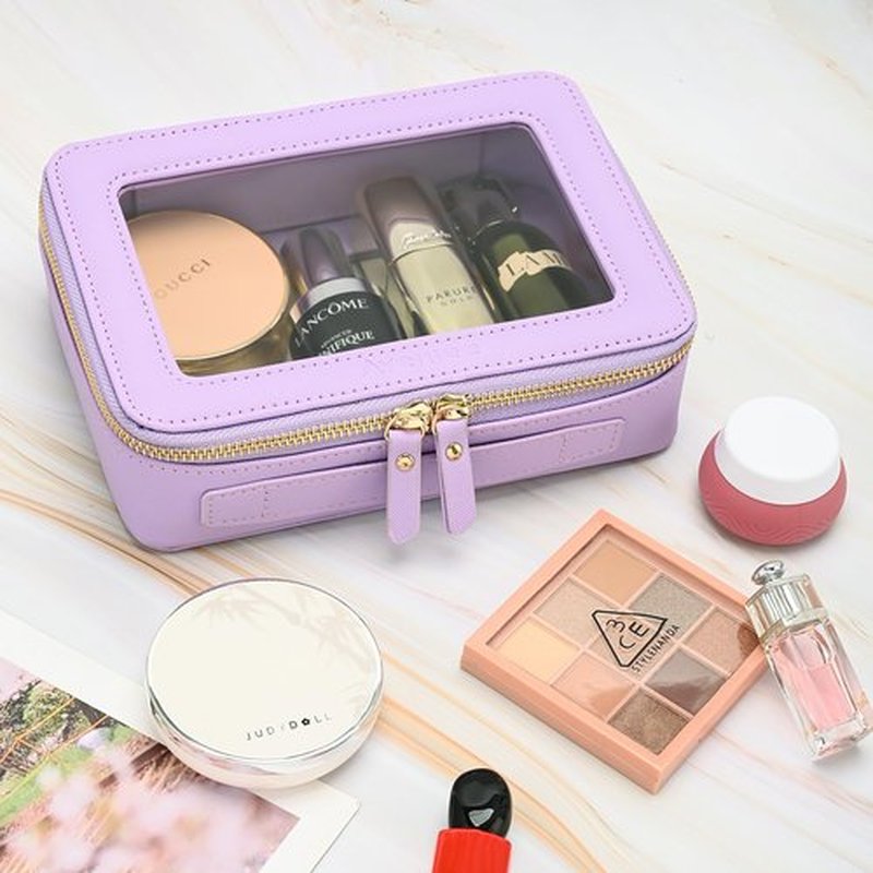 Aveniee Clear Makeup Bag for Women, Clear Cosmetic Case Travel Toiletry Bag, Heavy Duty Makeup Organizer Car Bag with Clear Windows & Gold Zippers(Lilac)