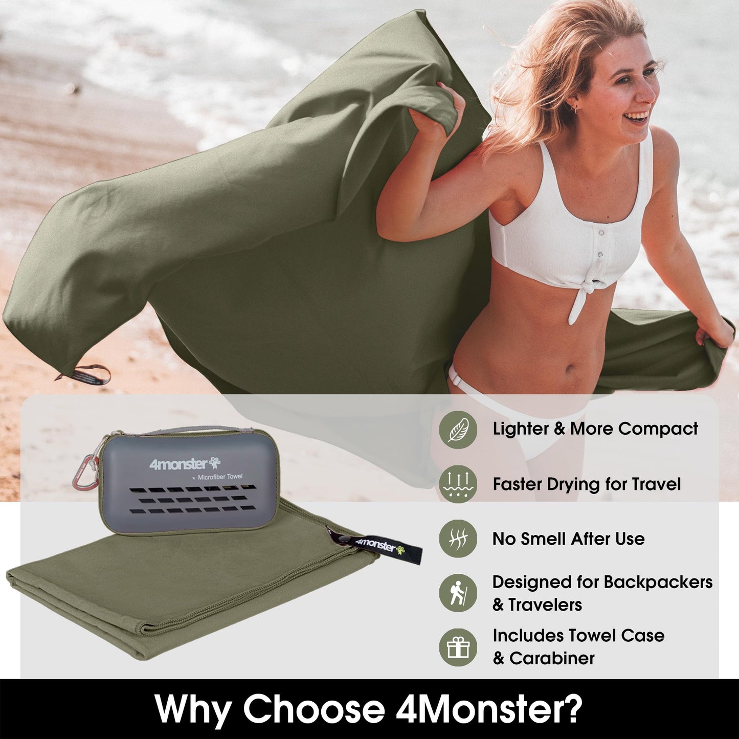 4Monster Quick Dry Travel Towel with Case & Carabiner – Super Absorbent Microfiber Gym & Camping Towel. Compact, Lightweight, Fast Drying for Beach, Swimming, Hiking, Backpacking