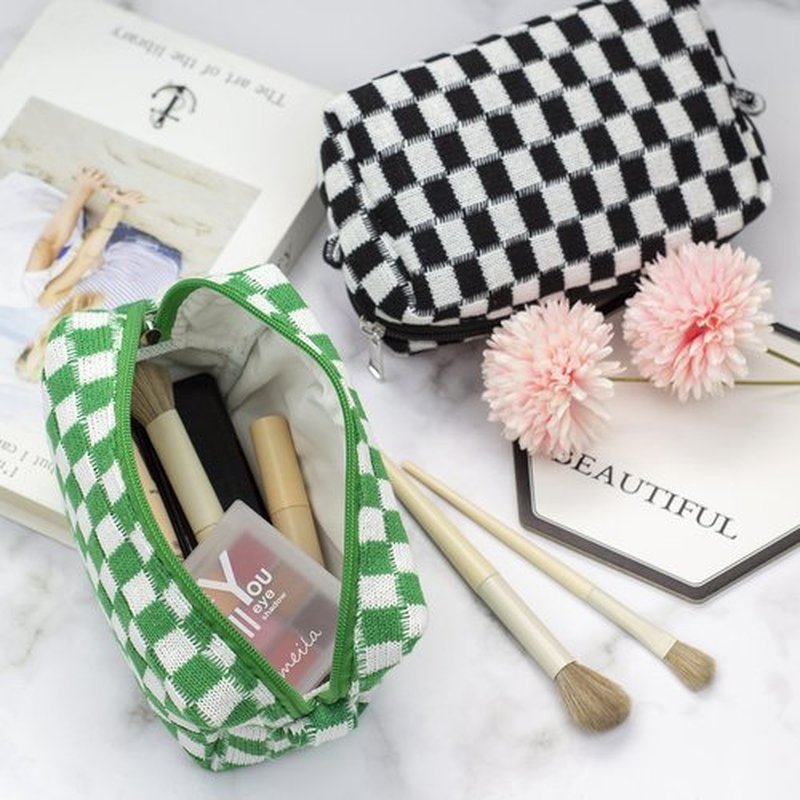 PAZIMIIK Checkered Makeup Bag for Purse Portable Zipper Make Up Pouch Small Cosmetic Case for Travel Accessories (Green)