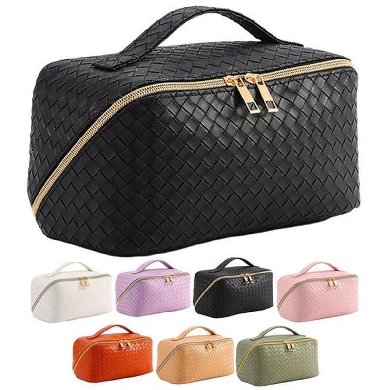 Large Capacity Makeup Bag, Cosmetic Bag Leather Woven Cosmetic Travel Bag Roomy Double Layer Makeup Bags for Women Makeup Pouch Portable Zipper Bags (Black)