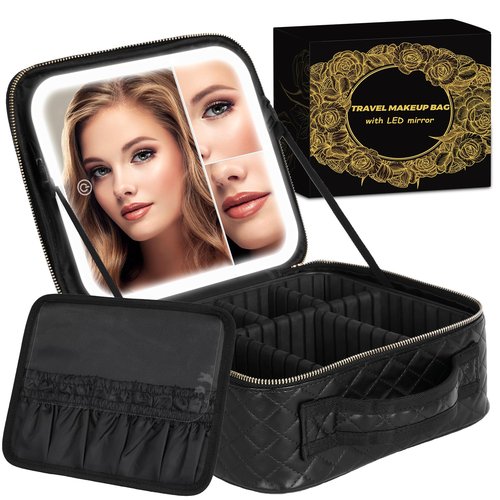 MAYFIY Makeup Bag with LED Mirror and Travel Makeup Train Case Cosmetic Organiser with 2X3X Magnifying Mirror and Separate Makeup Brush Panel, Portable Adjustable Divider Storage Bag, Black