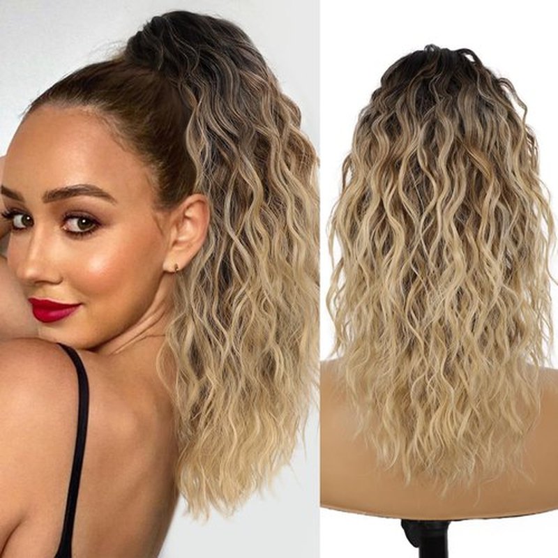 ORSUNCER Claw Clip Ponytail Extension 18" Curly Wavy Pony Tails Hair Extensions Layered Natural Looking Clip on Ponytails for Women Synthetic Hair Extensions (Ombre Black Mix Blonde)