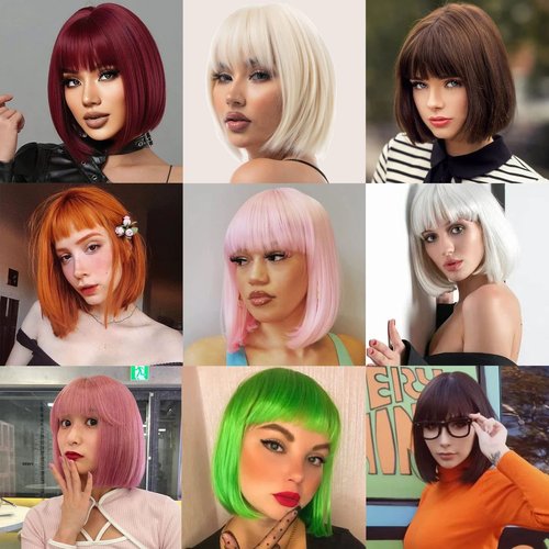 YBYMCAI Blonde Bob Wig For Women Short Blonde 613 Bob Wig With Bangs Straight Bob Bangs Wig 10 Inch Heat Resistant Synthetic Hair Natural Looking For Daily Party Use