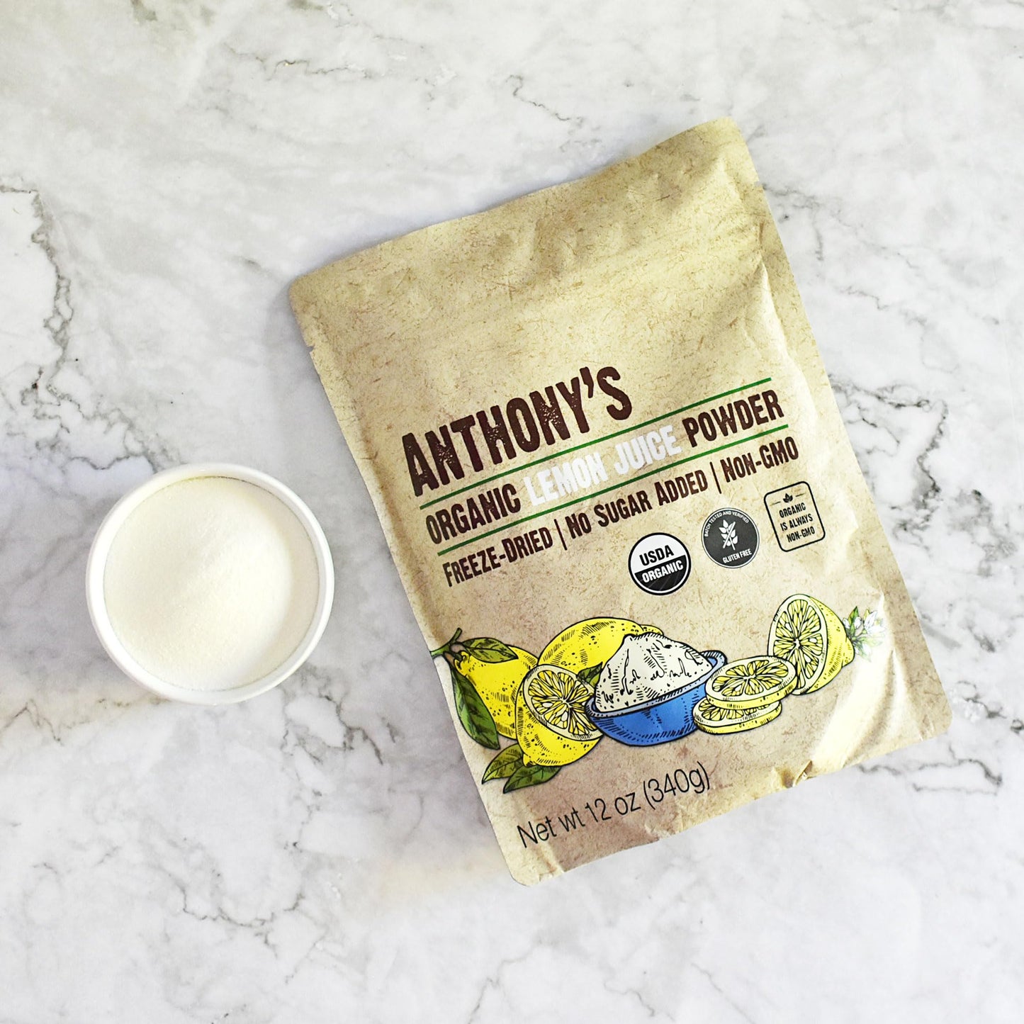 Anthony's Organic Lemon Juice Powder, 12 ounce, Freeze-Dried, Cold Pressed, No Sugar Added, Gluten Free, Non GMO