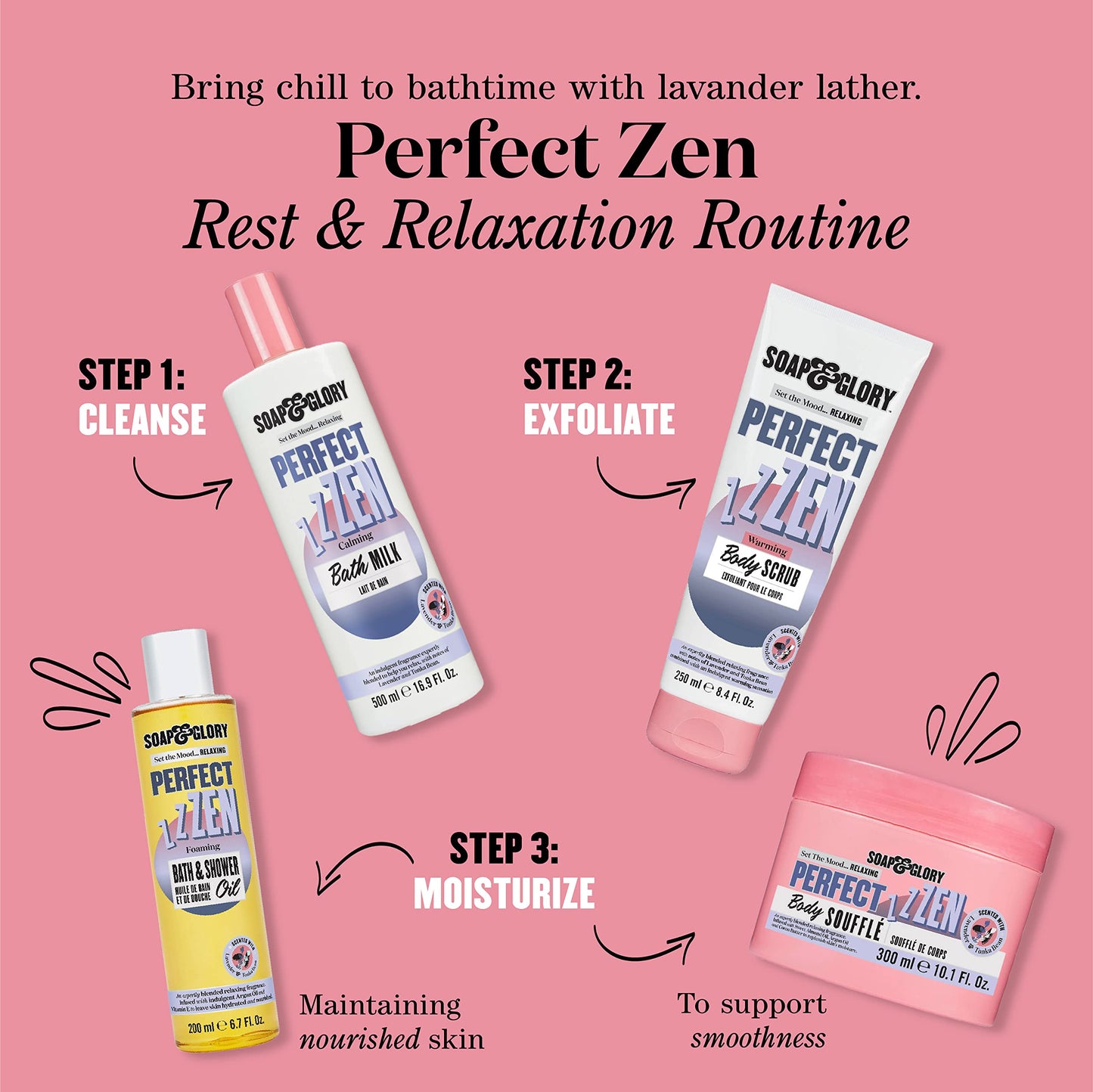 Soap & Glory Perfect Zen Exfoliating Body Scrub - Smoothing & Buffing Body Scrub - Lavender & Tonka Bean Scented Body Polish - Warming Exfoliating Scrub for Relaxation (250ml)