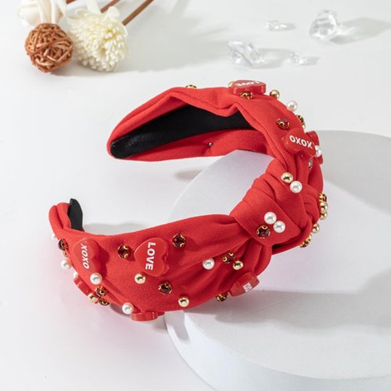 Valentine’s Day Headband for Women Love Message Heart Headband Jeweled Crystal Pearl Knotted Headband Red Pink Wide Top Knot Headband Valentine’s Day Hair Accessories Gifts(Red-LOVE charm)