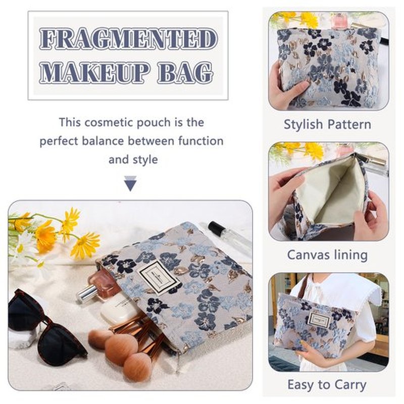 ZLFSRQ Flower Makeup Bag Travel Cute Floral Cosmetic Bags for Women Large Makeup Pouch Zipper Cosmetic Pouch for Purse Aesthetic Gray Blue Embossed Makeup Organizer Bag Portable Toiletry Bag