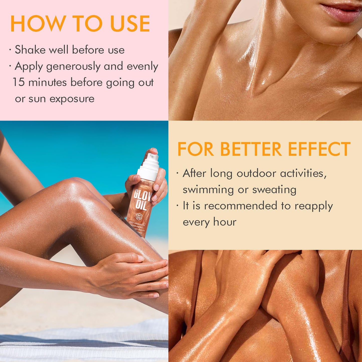 Body Glow Oil, Broad Spectrum SPF 50, Glitter Shimmer Sunscreen Body Oil Lotion with Sequin Mica, Lightweight Non-Sticky Moisturizer with Coconut, Skin Illuminator Glowing Results (03# Gold)