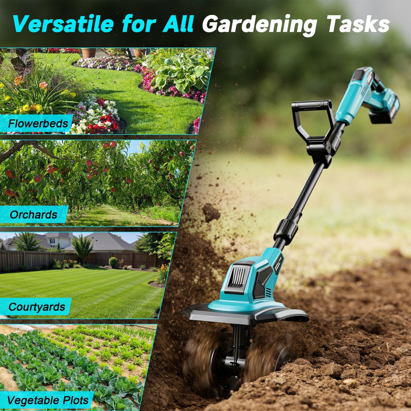 Cordless Tiller Cultivator, 360RPM Electric Garden Tiller, with 2 x 3.0Ah Batteries & Charger, 9In Tilling Width and 6.6In Depth Garden Rototiller for Lawn/Gardening/Soil Cultivation
