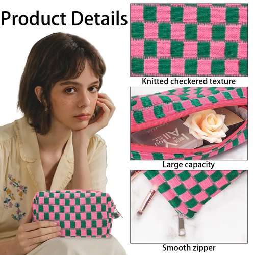 LYDZTION Large Capacity Makeup Bag Set - 3 Pieces Checkered Cosmetic Bag for Women Travel Makeup Bag Organizer Cute Makeup Brushes Storage Bag Travel Toiletry Bag,Green and Rose Red