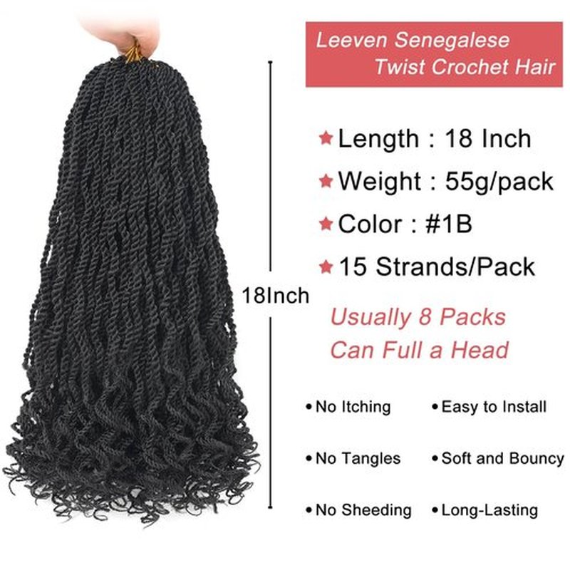 Leeven 18 Inch Wavy Senegalese Twist Crochet Hair 8 Packs Black Pre Looped Long Crochet Braids Pre Twisted Small Hanava Twist with Curly Ends Synthetic Braiding Hair for Women