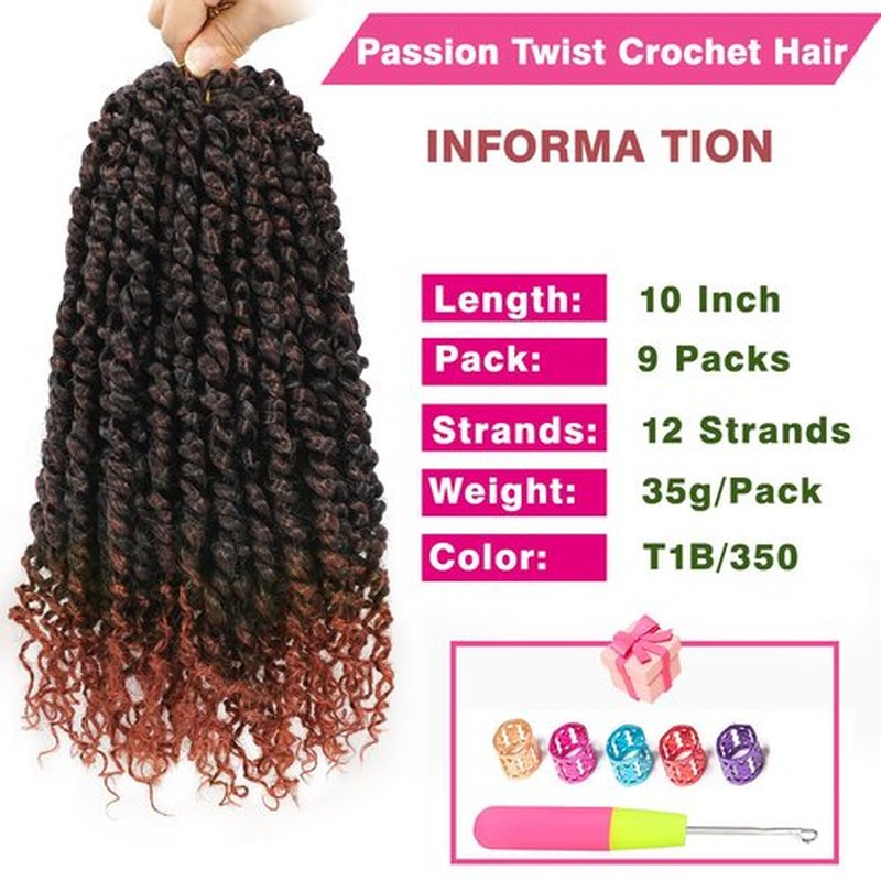 9 Packs Passion Twist Crochet Hair 10 Inch Pre-twisted Passion Twist Hair Bohemian Short Passion Twist Crochet Braids Hair for Women Girls and Kids (10Inch,T1B/350)