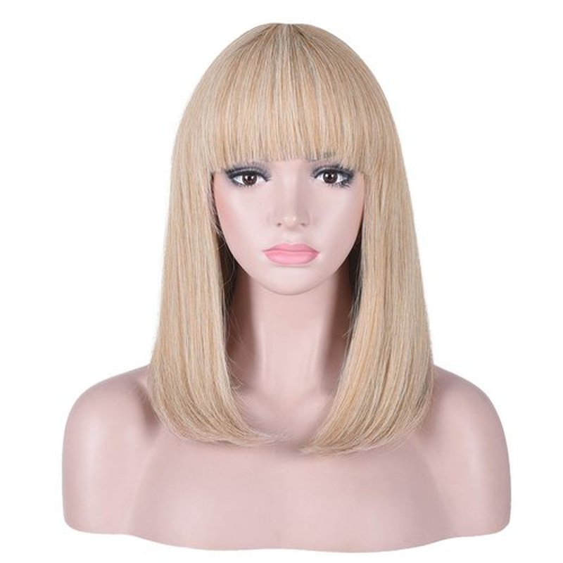 AMZCOS 15 Inch Short Straight Blonde Highlights Bob Wig with Bangs | Natural Heat Resistant Synthetic Hair Wigs for Women