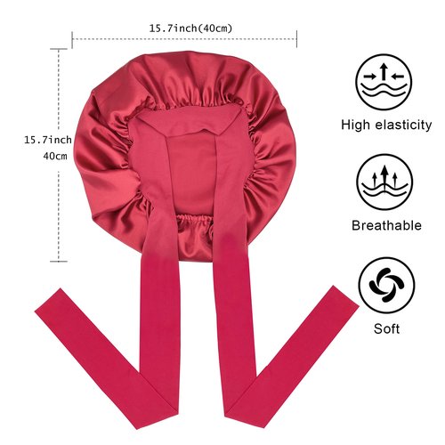 Satin Bonnet Silk Bonnet Hair Bonnet for Sleeping Large Bonnets with Tie Band Hair Wrap with Adjustable Straps Hair Cap Night Sleep Caps for Women Curly Braid Hair Wine Red