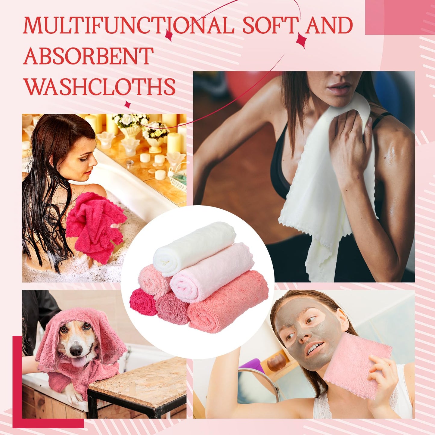 Syhood 12 Pack Face Towels 12 x 12 in Makeup Remover Cloths Reusable Soft Coral Velvet Microfiber Washcloths Highly Absorbent Quick Drying Wash Cloth for Bath, Spa, Facial(Pink Series)
