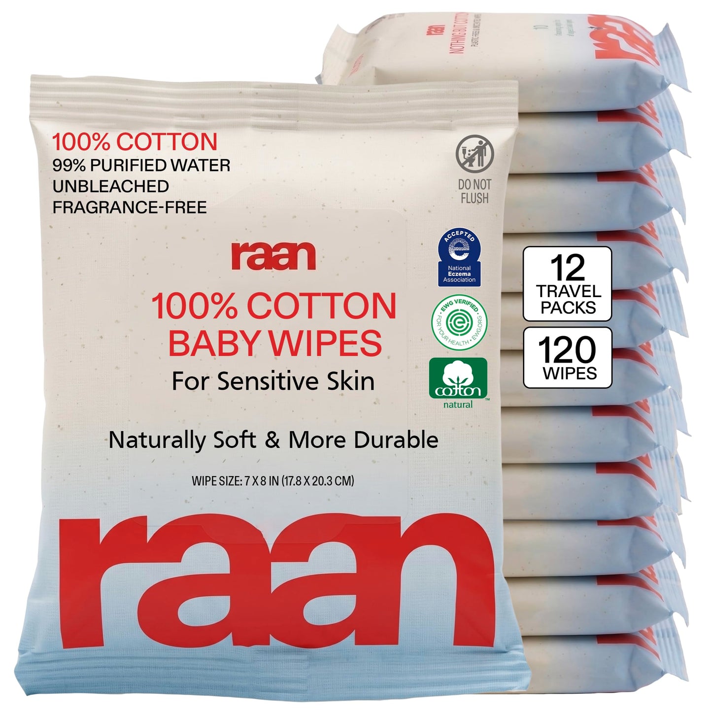 Raan, 100% Cotton TRAVEL PACK Baby & Toddler Wipes, Unbleached, 99% Purified Water, Unscented, EWG verified, Made for Sensitive Skin, Extra Soft and Durable, 12 PACK, 120 Count