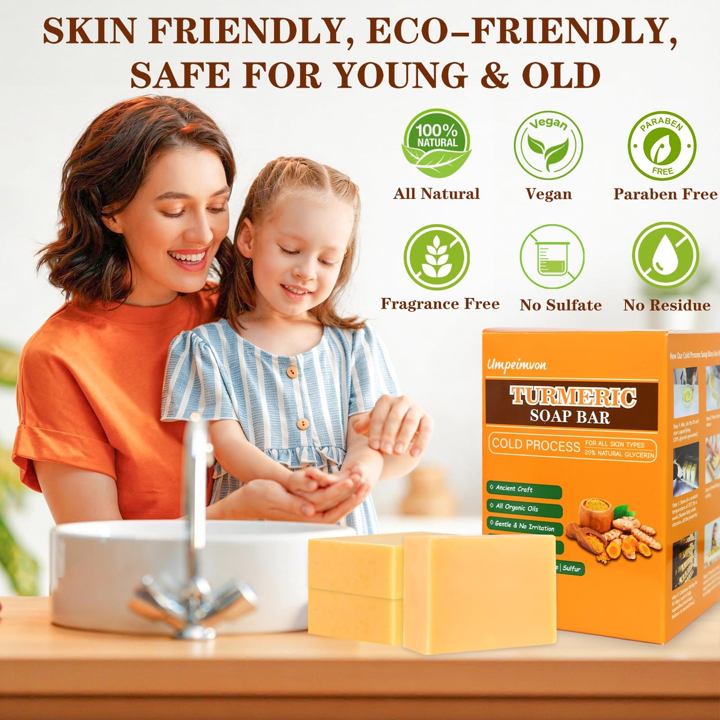 Umpeimvon 6 PCS Turmeric Soap Bar, Handmade Tumeric Soap for Face and Body, Deep Cleansing and Soothing, with Rich Turmeric, Olive Oil, Chamoile Oil and Vitamin C