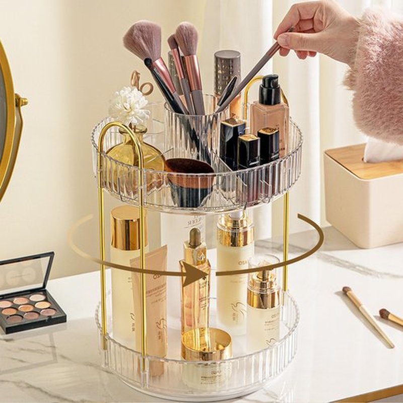 Aveniee 360 Rotating Makeup Organizer for Vanity, Upagraded Perfume Skincare Bathroom Counter Organizers with Brush Divider, Two Tier Spinning Lipstick Cosmetic Makeup Lotion Storage Organizer(White)