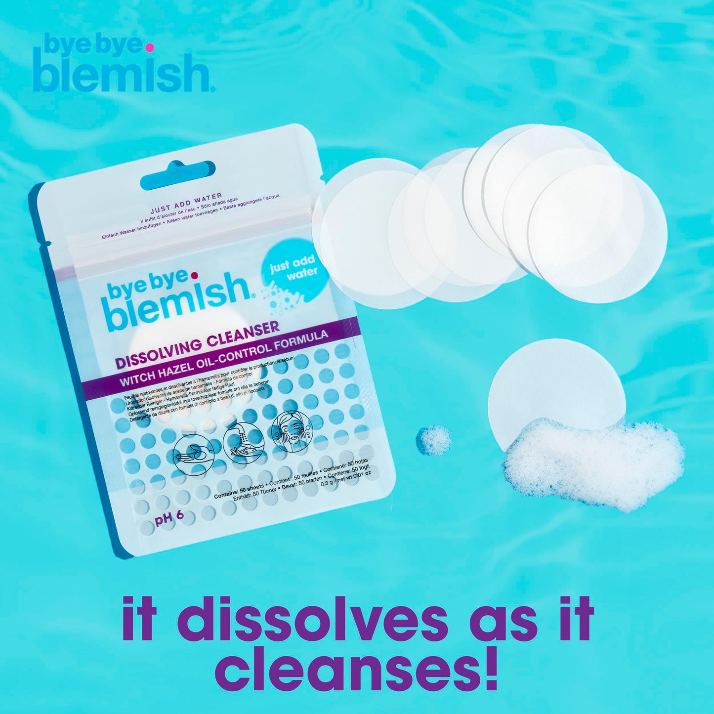 Bye Bye Blemish Dissolving Cleanser Sheets – Witch Hazel Oil-Control Face Wash, Water-Activated Facial Paper Soap for Acne-Prone Skin, Removes Dirt & Excess Oil, 50 pcs