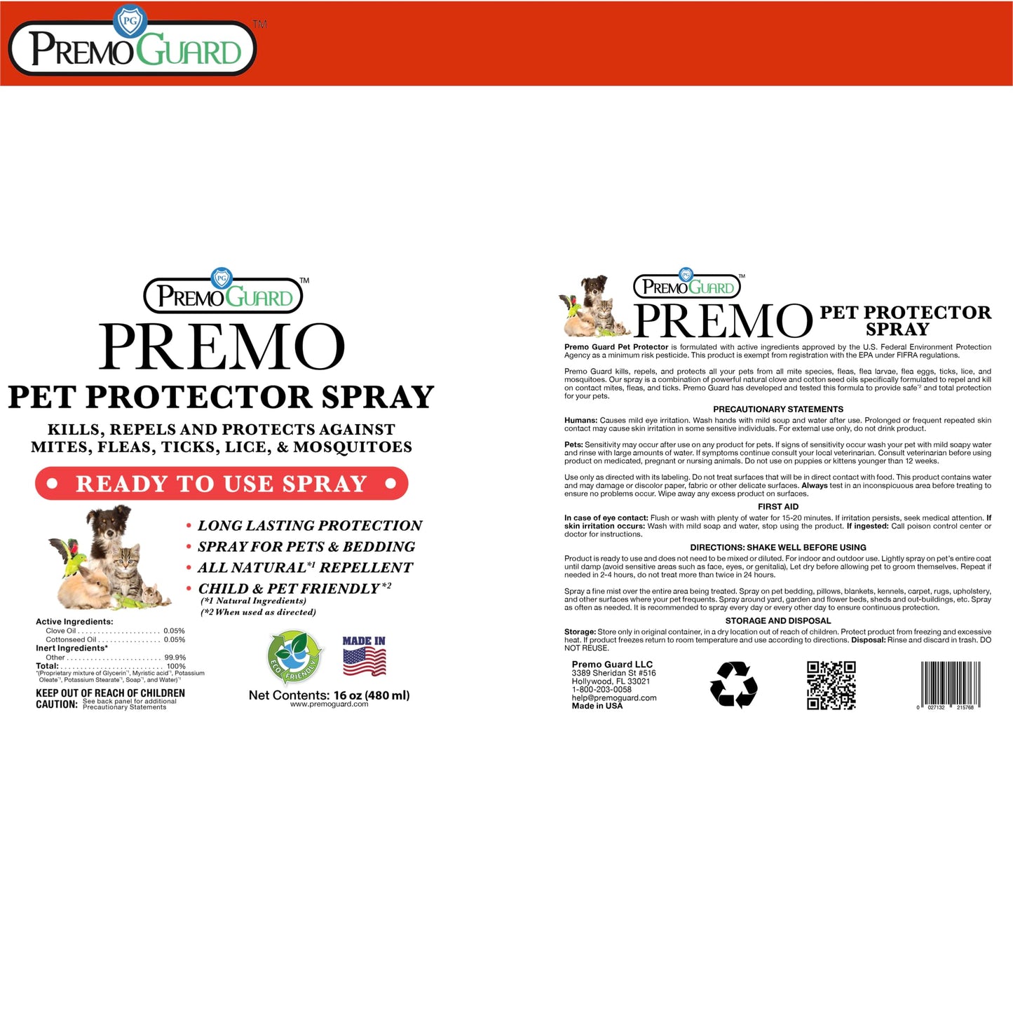 Premo Guard Pet Protector Spray - 16 oz - Kills Mites, Fleas, Ticks, & Mosquitoes - for Dogs, Cats, & Home - Natural Plant Based Oils for Control, Prevention & Treatment - Family Safe