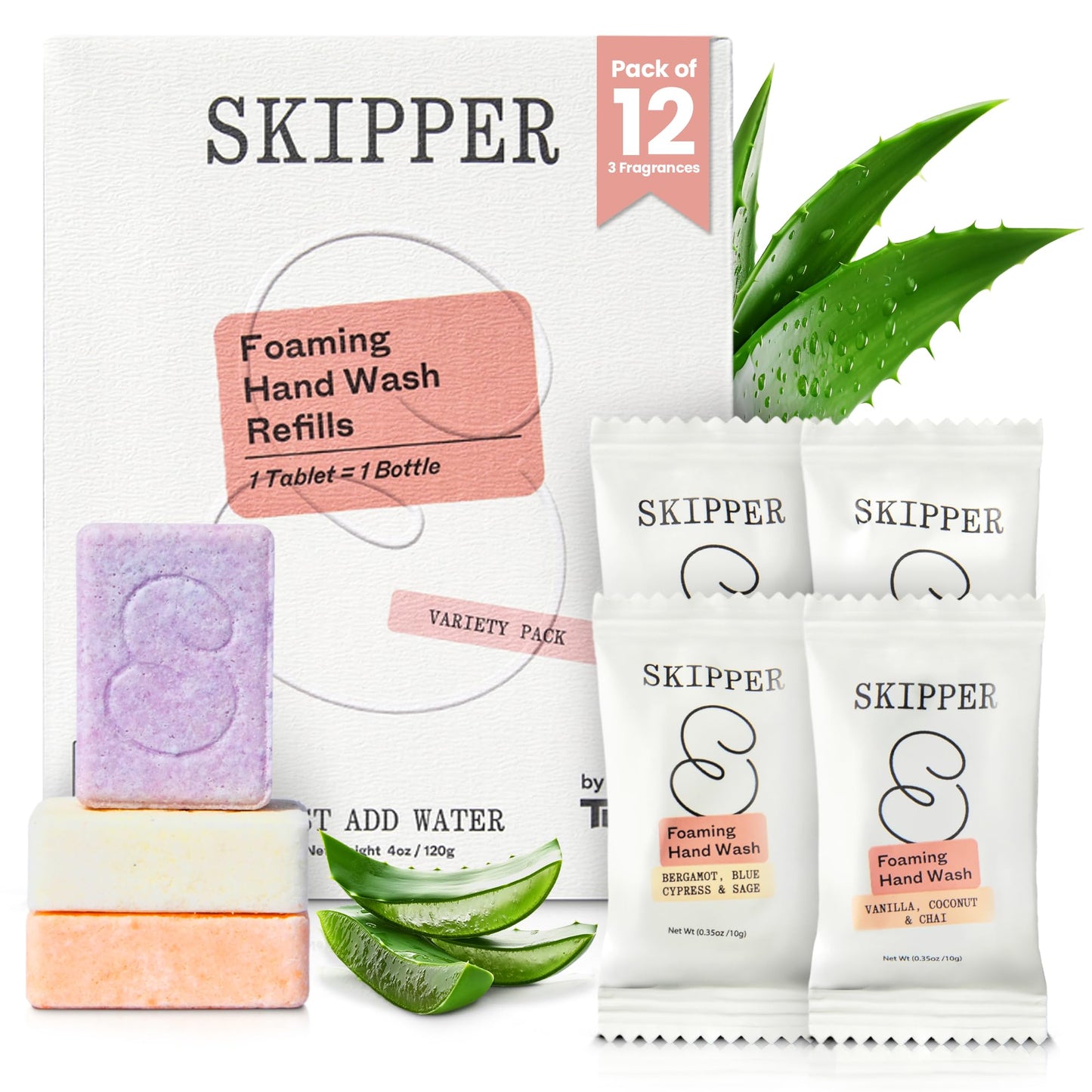Skipper Foaming Hand Soap Tablet Refills - 12 Pack - 96 fl oz Total (12x 8 fl oz) - Compostable Packaging - Variety Fragrance Pack - Plastic-Free - Moisturizing