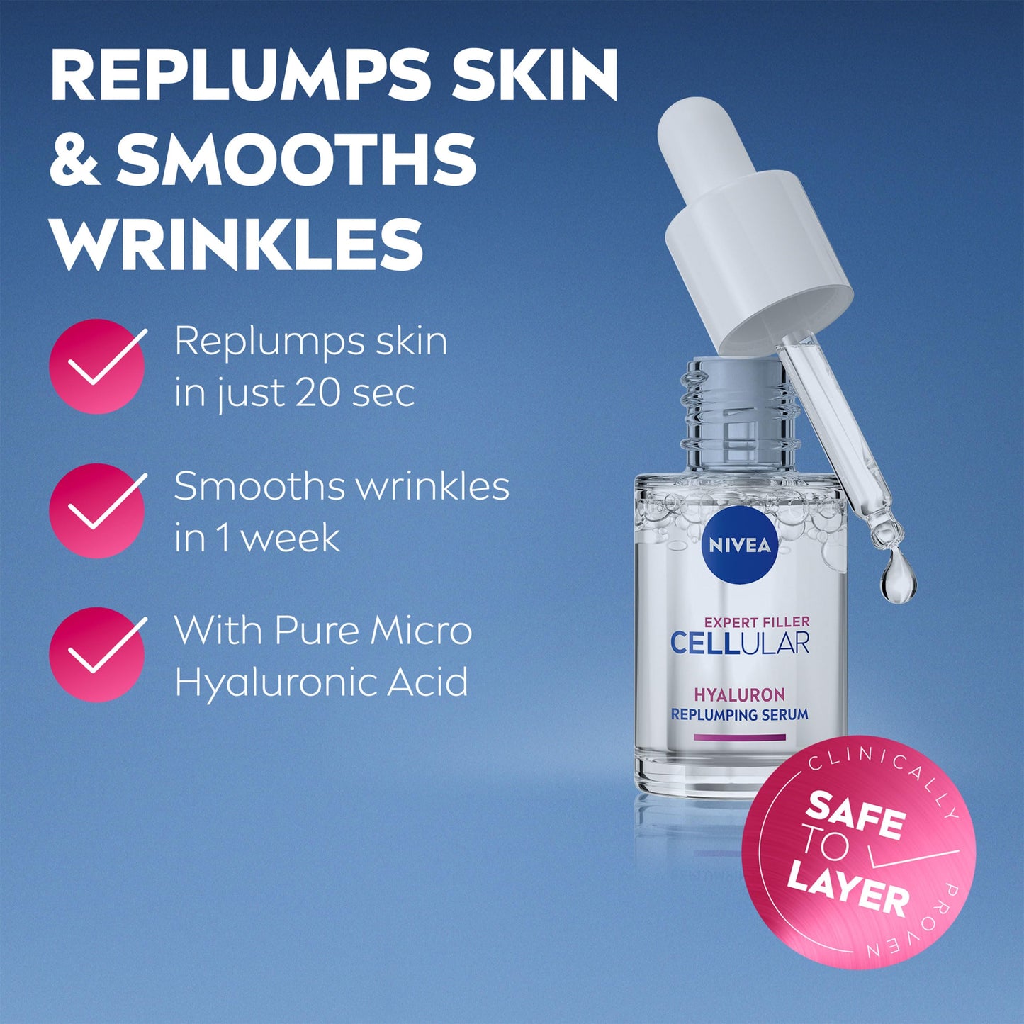 NIVEA Cellular Expert Filler Hyaluron Acid Replumping Serum (15ml), Anti-Ageing For Visibly Smoother, Hydrated, and Supple Skin, Dermatologically Approved Hyaluronic Acid Serum, Mini Size