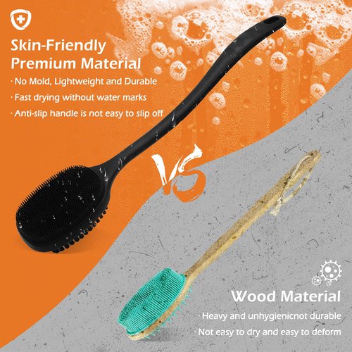 VWMYQ Silicone Back Scrubber for Shower, Bath Body Brush with Long Handle, Double Sided Shower Brush for Shower Exfoliating and Massage Can Produce Rich Foam, Long Handle Back Scrubber for Men