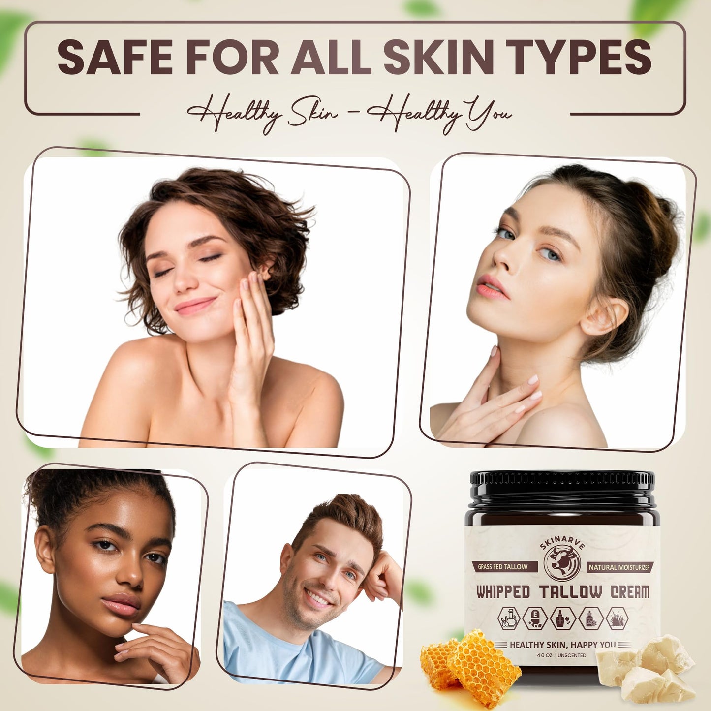 Beef Tallow for Skin 4oz Cream – Organic Whipped Tallow and Honey Balm, 100% Grass Fed Beef Tallow for Face, Natural Tallow Moisturizer Dry Skin, Tallow Balm Body Butter Eczema Lip Balm Unscented