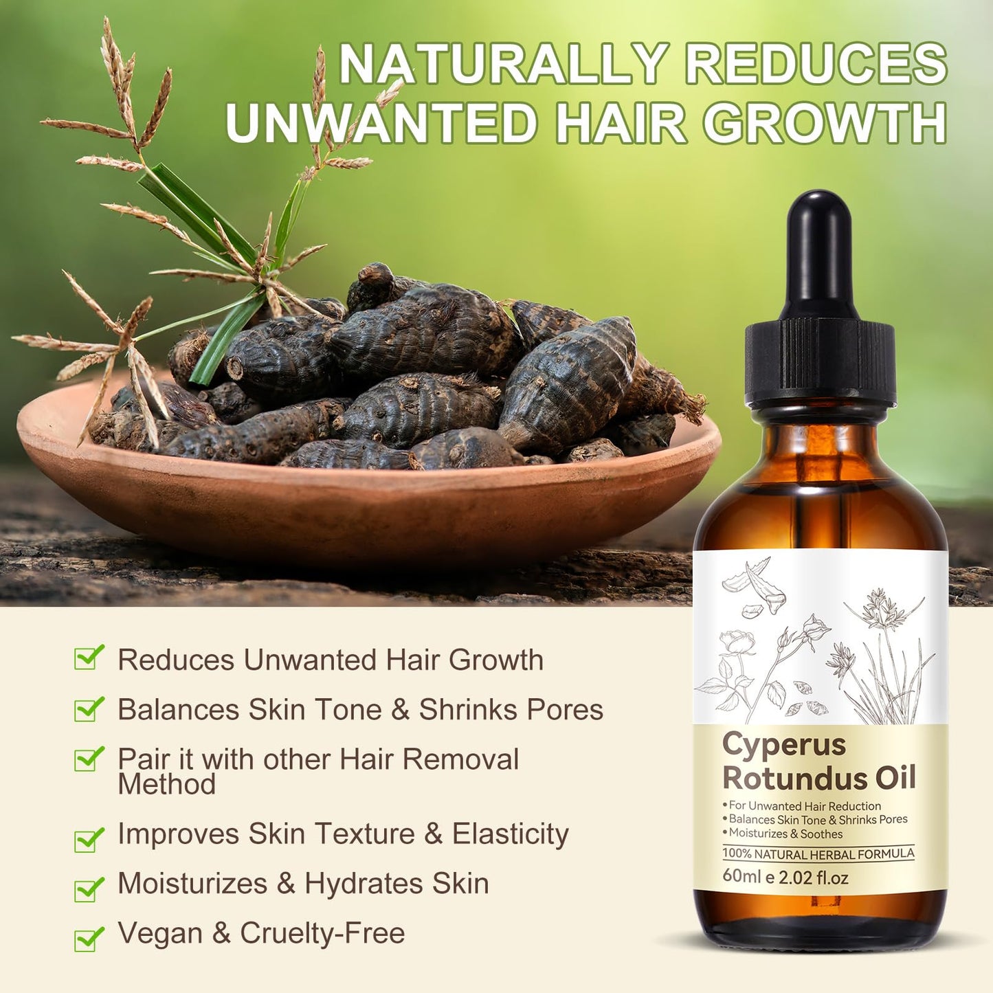 Cyperus Rotundus Oil 2 Pack, Cyperus Rotundus Oil for Hair Removal, Effectly Reducing Body Hair Growth, Moisturizing & Soothing Skin, 4 Fl oz