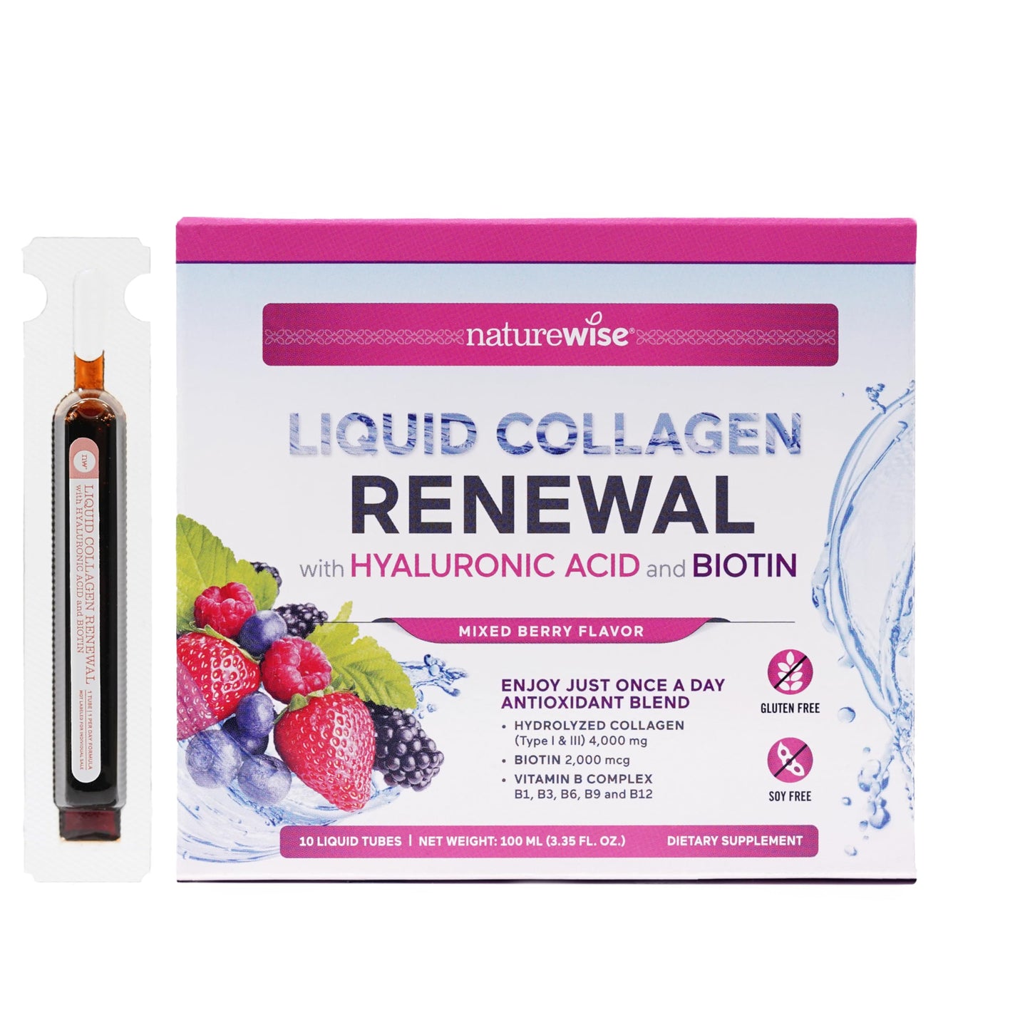 NatureWise Hydrolyzed Liquid Collagen for Women & Men 4000mg - High Absorption, Type 1 & 3 Peptides with Biotin + Vitamin C + Vitamin B Complex & Hyaluronic Acid -Mixed Berry - 10 Tubes[10 Day Supply]