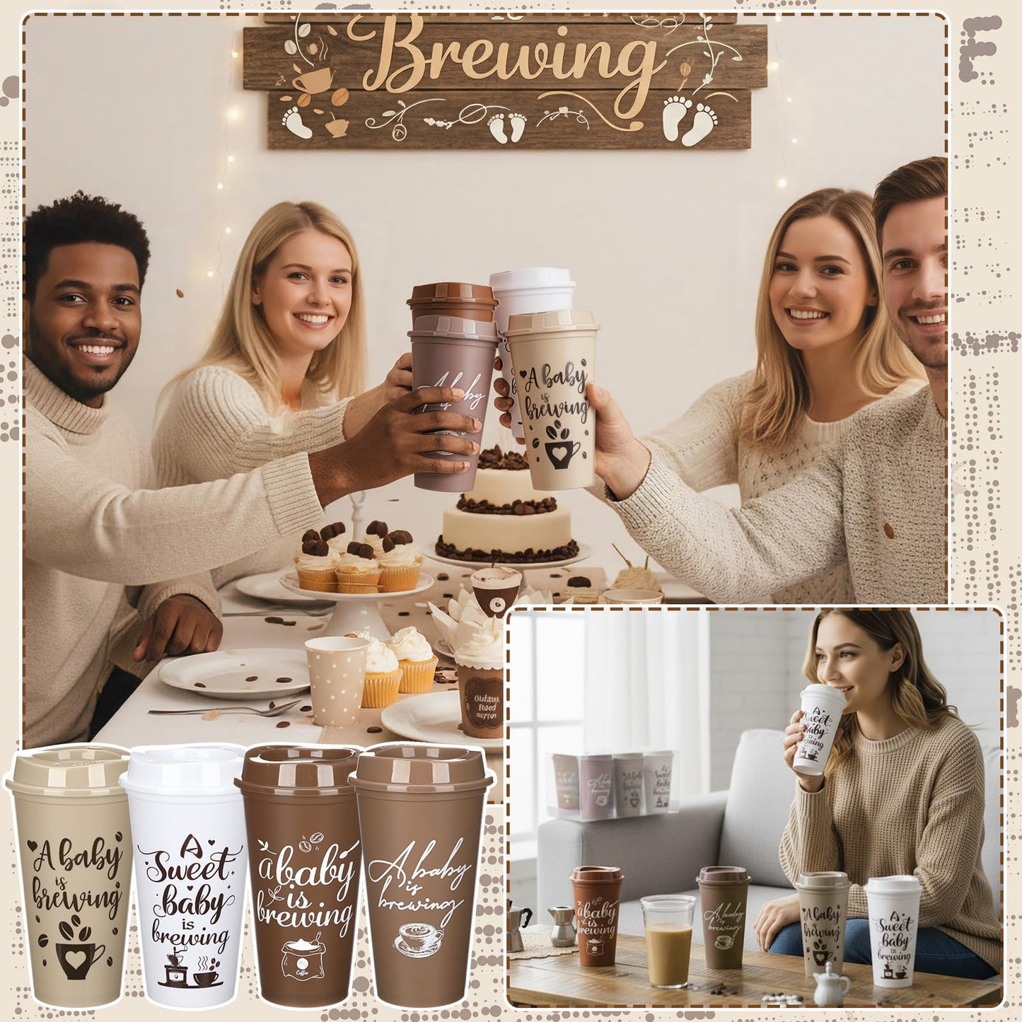 Ferrochef 24 Pcs Baby Is Brewing Cups with Lid 16 oz Babies Is Brewing Baby Shower Decorations Coffee Themed Birthday Tumblers Bulk Plastic Cups for Gender Reveal Party Supplies Guest Gift