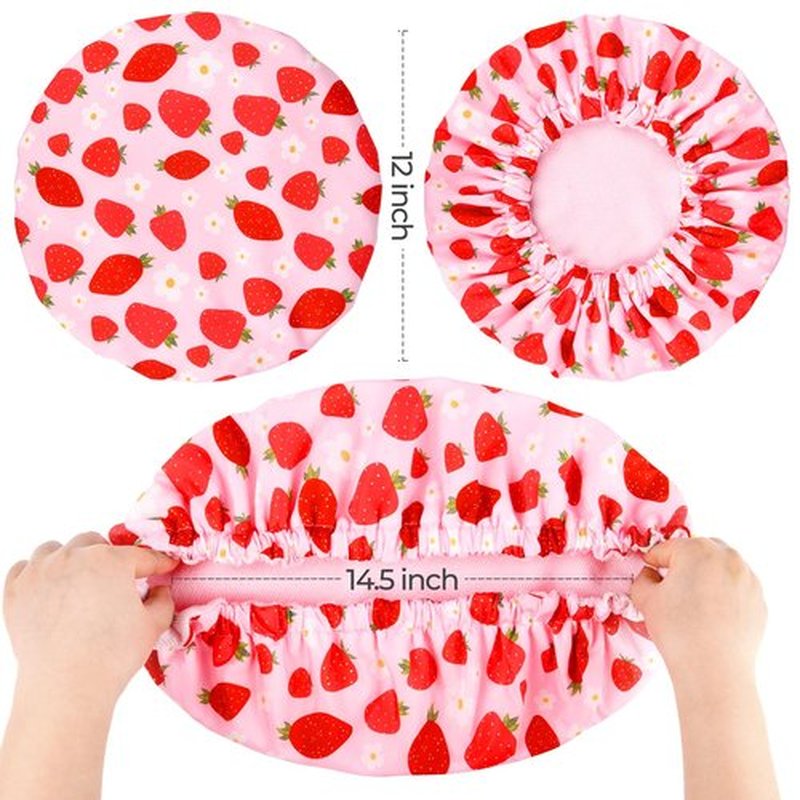Shower Cap for Women Terry Lined Bath Cap Large Reusable Waterproof Elastic Band Pink Strawberry Shower Caps for Long Thick Hair Soft Bath Shower Hair Caps