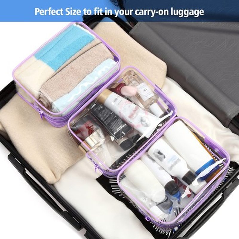 PACKISM Clear Toiletry Bag - 3 Pack TSA Approved Toiletry Bag Quart Size Bag, Travel Makeup Cosmetic Bag for Women Men, Carry on Airport Airline Compliant Bag, Purple