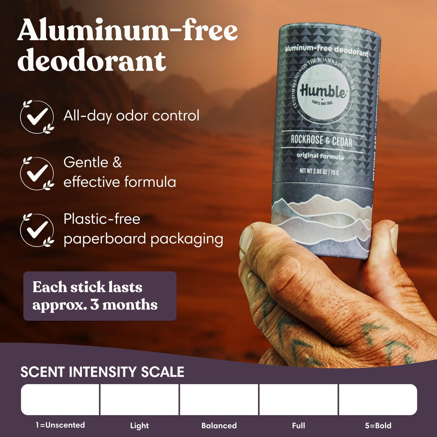 HUMBLE BRANDS Deodorant Stick, Rockrose & Cedar - Aluminum-Free Deodorant for Women & Men with Baking Soda, Essential Oils & Beeswax - Underarm Skincare for Long-Lasting Freshness, 2.65 Oz