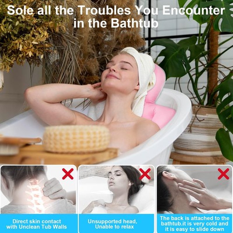 Luxury Full Body Bath Pillow for Bathtub, Bath Pillows for Tub with Mesh Laundry Bag & Non-Slip Suction Cups, Cushion for Bathtub Headrest Neck Back Support - 5D Air Mesh & Quick Drying | Pink