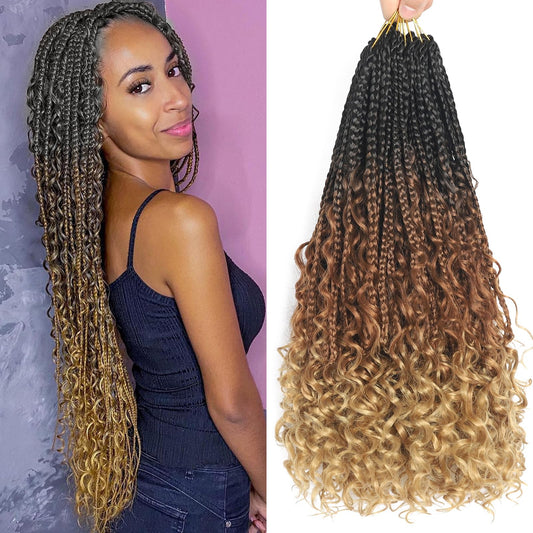 Goddess Box Braids Crochet Hair Boho Box Braids Crochet Hair Pre looped Crochet Braids with Curly Ends Bohomian Crochet Braids for Women (Ombre Black to Brown, 18 Inch Goddess Box Braids Pack of 7)