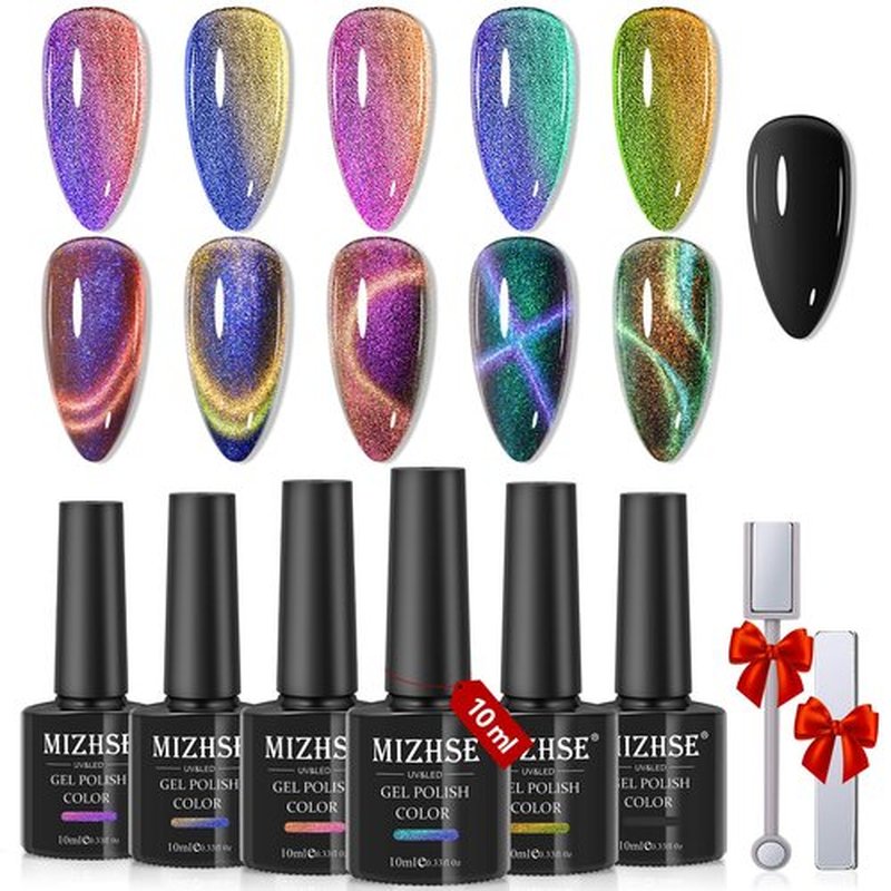 MIZHSE 9D Cat Eye Gel Nail Polish Set, Magnetic Gel Polish 10ml 6 Colors with 2 Magnet Sticks, Chameleon Galaxy Shiny Magic Effect Cateye Nail Gel Soak off Nail Art Gift for Women