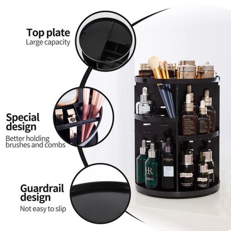seinlife 360 Rotating Makeup Organizer,DIY Adjustable Spinning Holder,Foldable Cosmetic Storage Display box,Large Capacity Make up Caddy Shelf,Fits Countertop Vanity and Bathroom (BLACK)