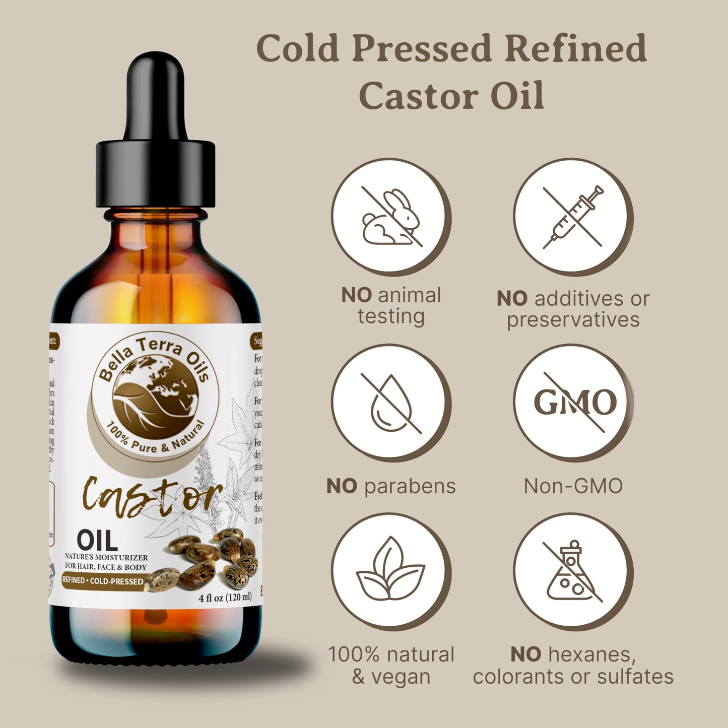 Bella Terra Oils - Natural Castor Oil 2oz Glass Bottle - Pure & Cold-Pressed, Rich in Stearic Acid for Skin & Hair Care