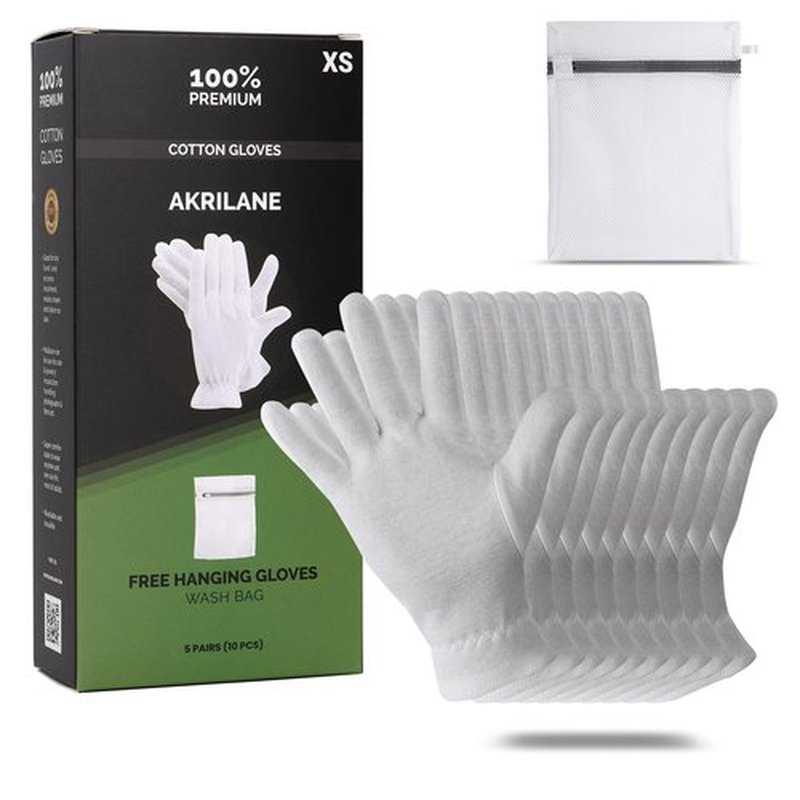 XS Extra Small 5 Pairs 100% Premium Cotton Gloves for Dry Hands | Moisturizing Overnight Gloves for Eczema, Psoriasis & Skin Spa Treatment for Women & Men | Washable & Reusable with Free Laundry Bag