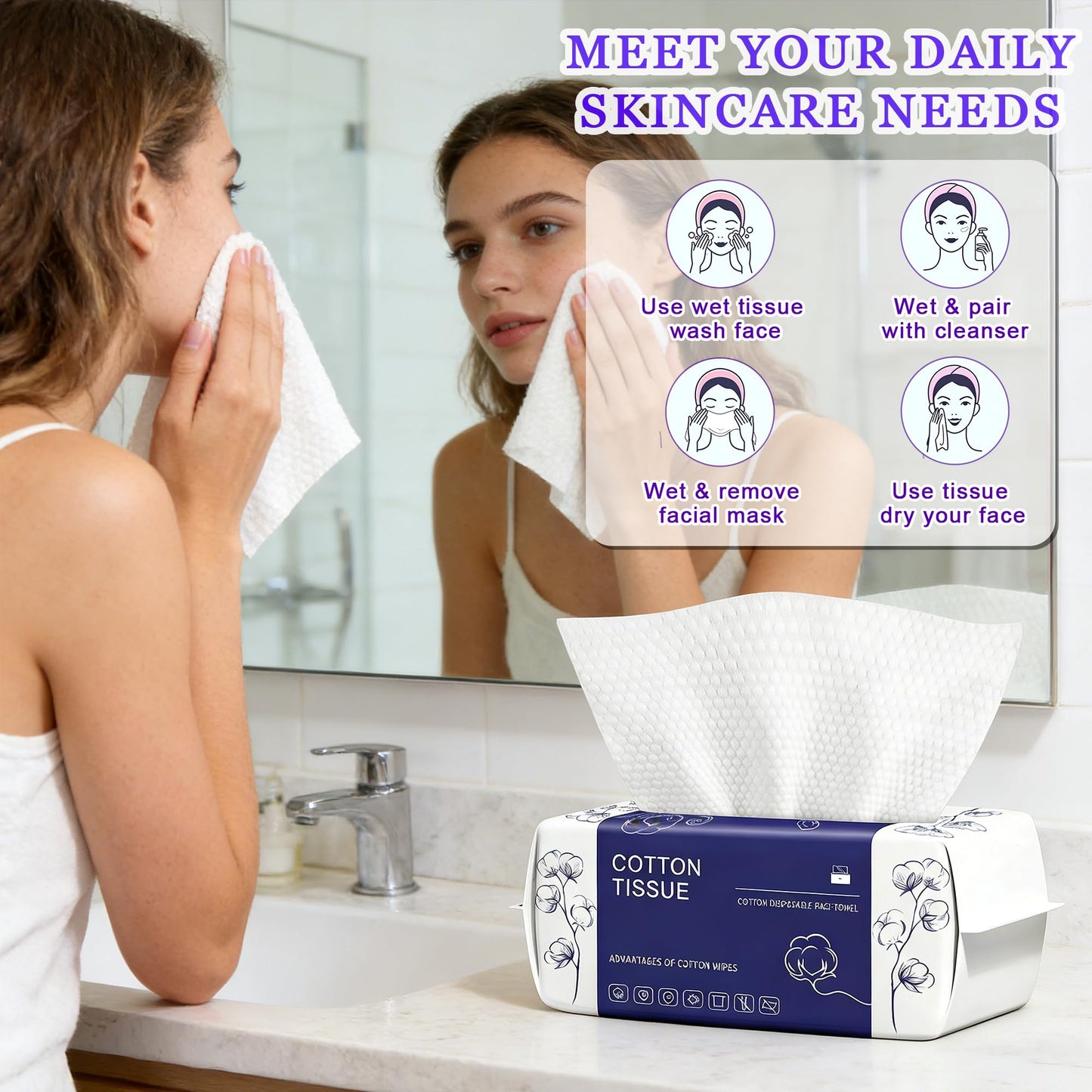 Disposable Face Towel 100 Count, Face Towels, Soft Cotton Dry Wipes Facial Cloths Towelettes for Washing and Drying, Facial Tissue for Cleansing, Skincare and Makeup Remover (1 Pack)
