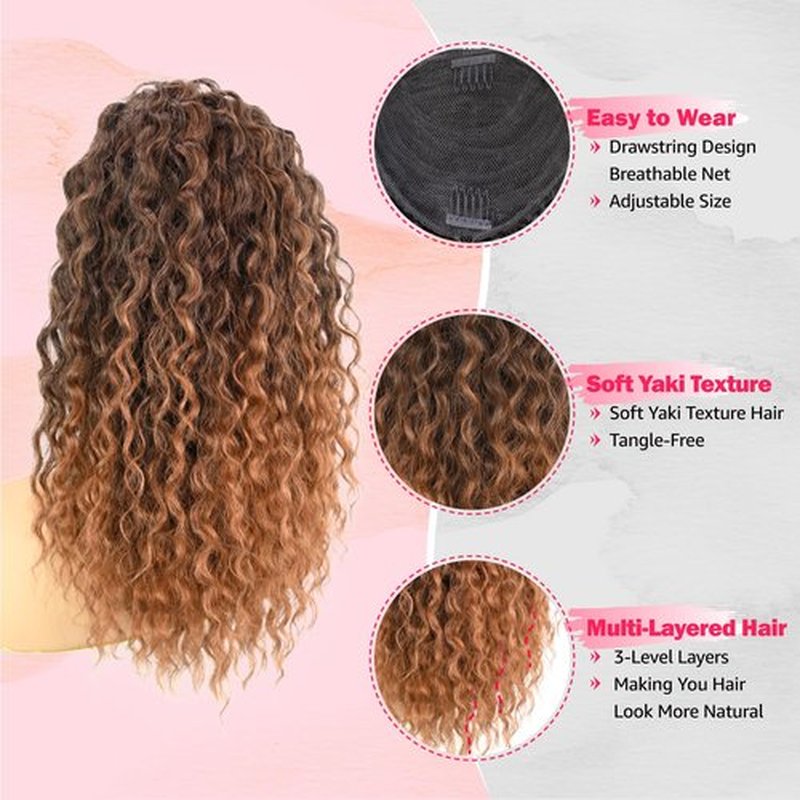 Adancyler 2PCS Ponytail Extension, 8" Messy Bun Hair Piece+20" Wavy Drawstring Ponytail Extensions Synthetic Hairpieces Pony Tails Hair Extensions for Women(T1B/30#)