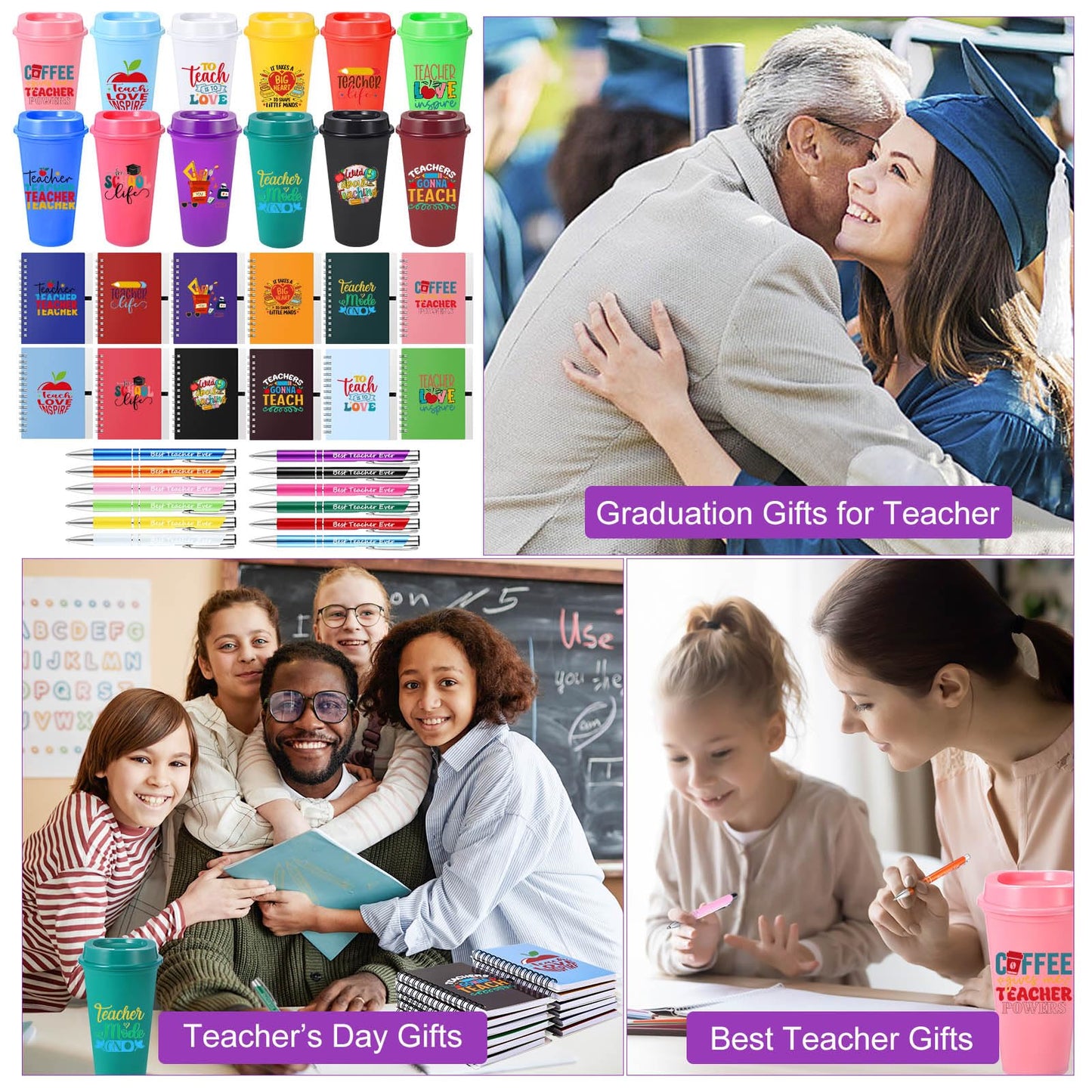 Skylety 36 Pcs Teacher Appreciation Gift Bulk, End of Year Thank You Gifts, 16 oz Reusable Plastic Coffee Cup with Lid, Inspirational Notebooks and Ballpoint Pens for Graduation Office(Teacher Life)
