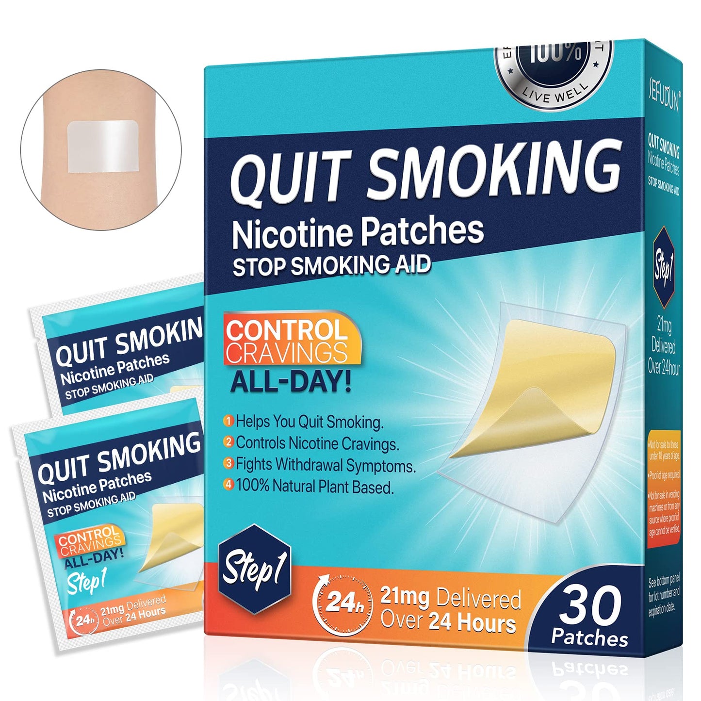 Nicotine Patches - 30 Count Gradual Reduction System, Transdermal Quit Smoking Aid with Natural Botanicals, Stop Smoking Patches That Work | Parches de Nicotina (Step 1-21mg)