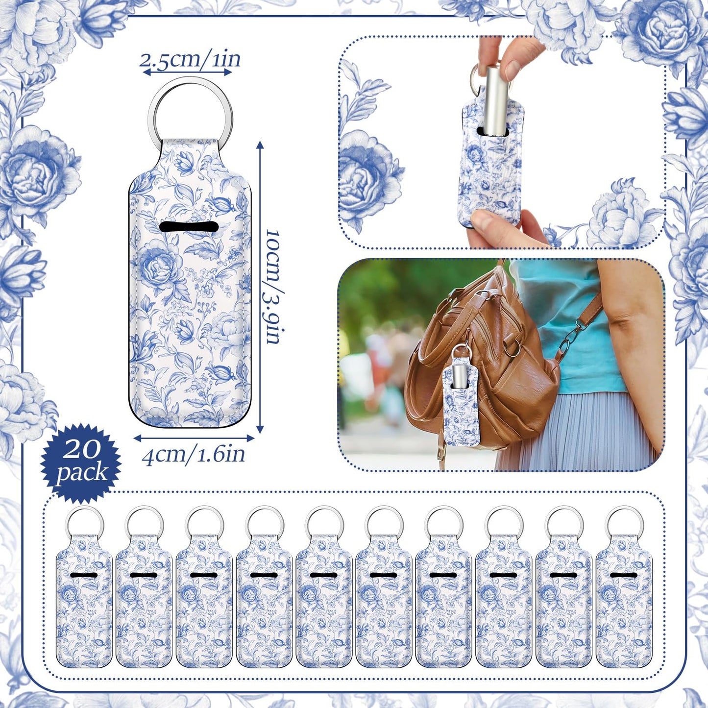 Ctosree 20 Pcs Bridal Shower Lipstick Holder Keychains Gifts Bulk Floral Wedding Favors for Guests Lip Balm Holder Keychain(Blue)