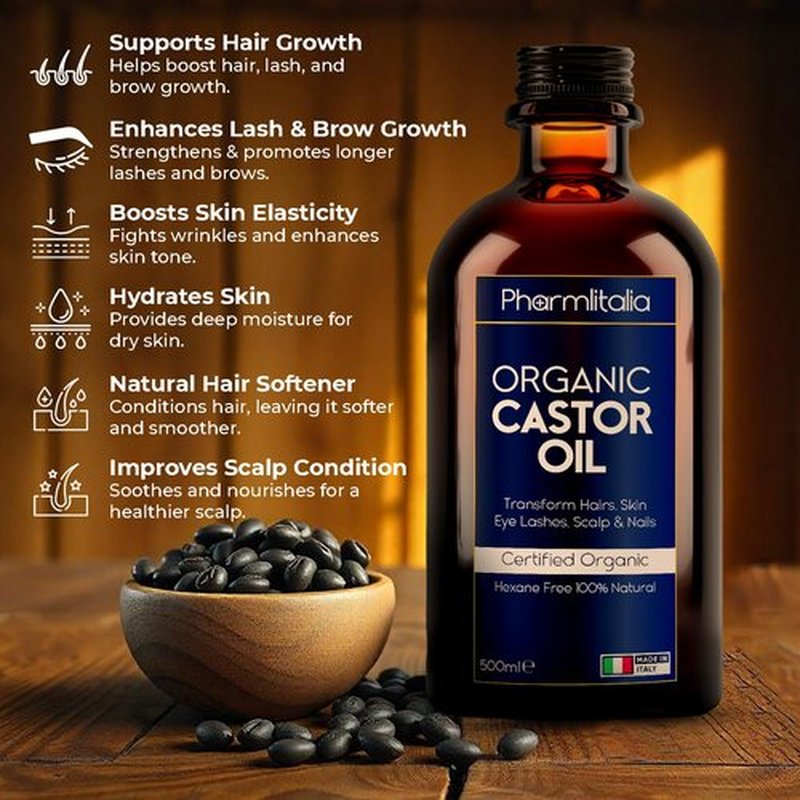Pharmlitalia Pure Castor Oil Organic Cold Pressed Unrefined Glass Bottle - Hexane free Golden Castor Oil for face, hairs, Eyelashes, Skin care and Nails - 500ml