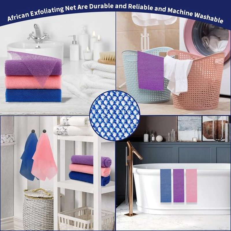 FARMOGA African Exfoliating Net African Bath Sponge African Net Long Net Bath Sponge African Wash Net Shower Body Scrubber Back Scrubber Skin Smoother (3pcs Blue,Pink,Purple)