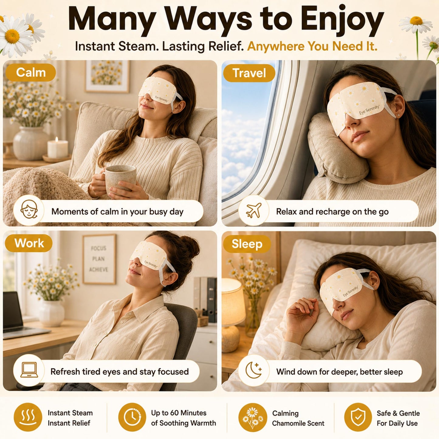LURE Steam Eye Mask, Heated Eye Mask, Self Heating Warm Compress for Dry Eyes, Fast Relief for Stye, Puffy Sensitive Eyes, Moist Heat, Relaxation Gifts for Women and Men - Chamomile