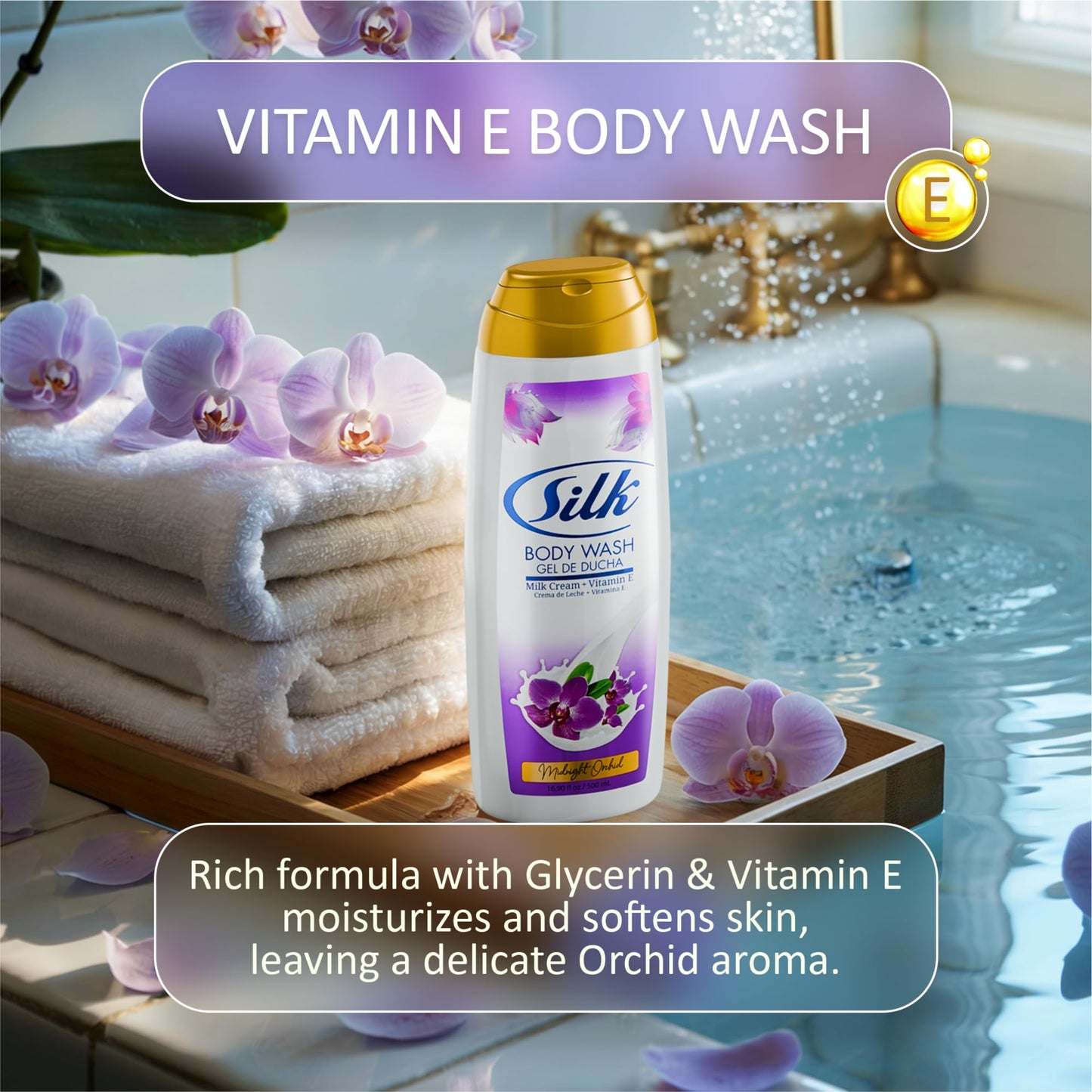 SILK Moisturizing Body Wash for Woman & Man - Daily Hydrating Shower Gel and Foaming Cleanser with Vitamin E and Glycerin, Rich Lather for Dry Skin Care, Midnight Orchid Scent, 16.9 Fl Oz