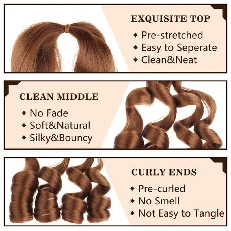 COOKOO 9 Pcs 22 Inch Pre Stretched Bouncy Braiding Hair Red Brown French Curls Braid Hair 75g/Pack Pre Curled Loose Wavy Crochet Braids Hair Extensions for Goddess Box Braids 30#